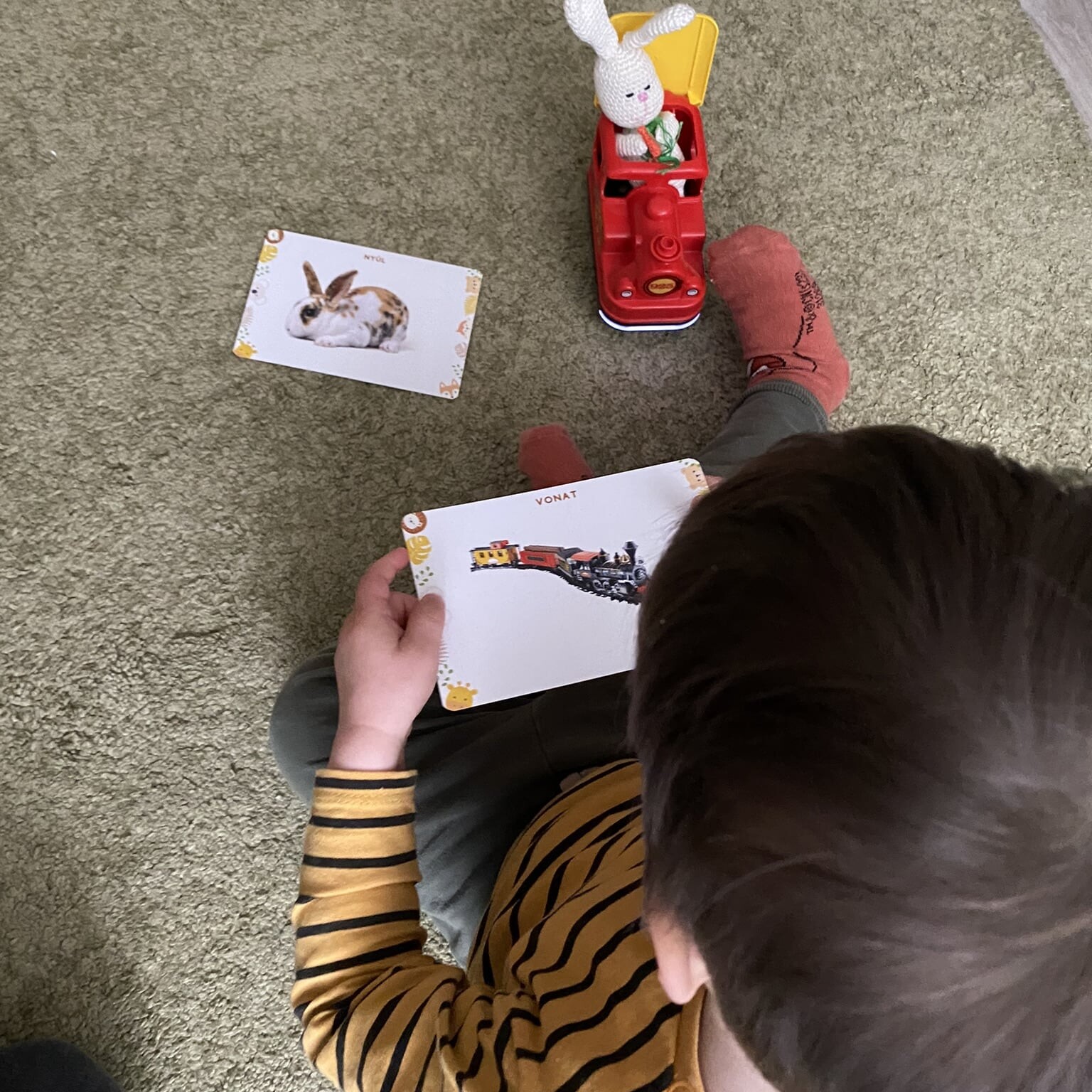 Baba tartja a kezében a Csemete Jelek vonat babajelbeszéd kártyát és előtte a földön egy vonat, amiben egy nyúl ül. Mellette a nyúl babajelbeszéd kártya